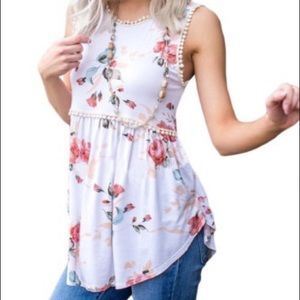 New White Floral Pompom Lace Trim Flowy Tank Top